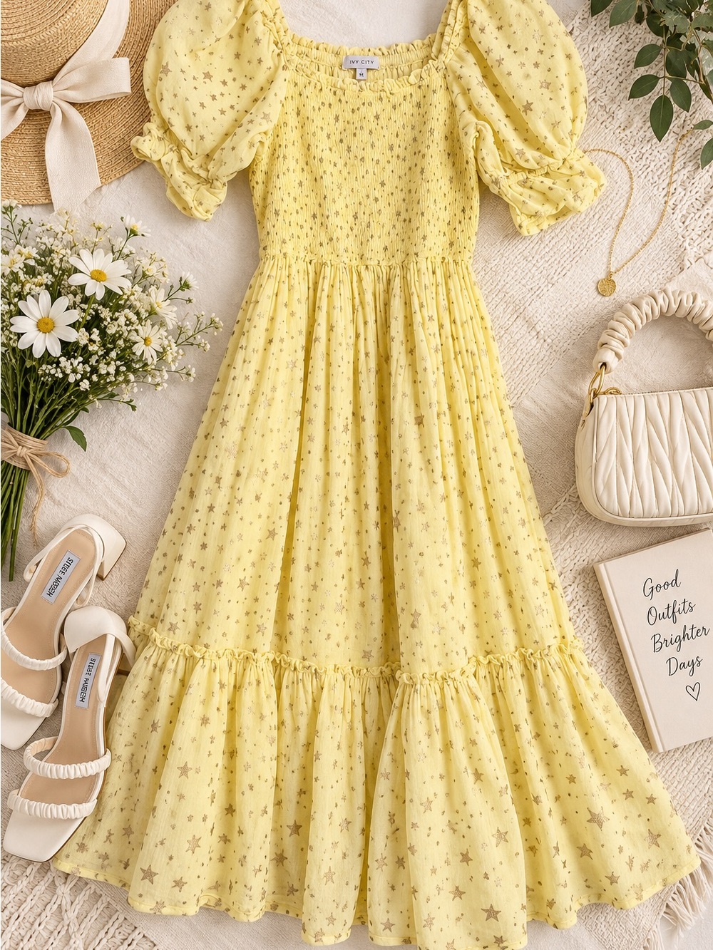 Ivy City Co Pale Yellow Star-Print Midi Dress